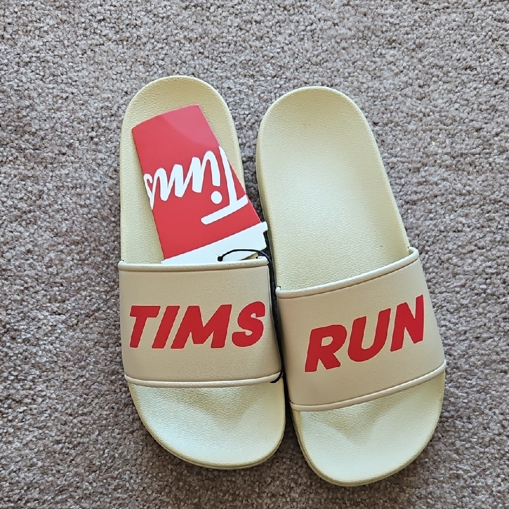 NWT Tim Horton's Tims Run Beige Slides
